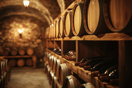 The wine cellar features neatly stacked wooden barrels and shelves brimming with fine bottles, exuding a rustic charm and rich aromas.の素材