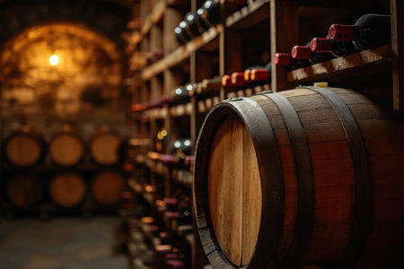 Experience the ambiance of a traditional wine cellar filled with wooden barrels and shelves showing an array of exquisite wine bottles.の素材