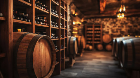 A rustic wine cellar showcases an array of wooden barrels alongside shelves filled with carefully arranged wine bottles, evoking tranquility.の素材