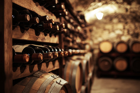 A captivating wine cellar showcases wooden barrels and neatly organized shelves filled with various wine bottles, creating an inviting atmosphere.の素材