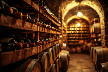 The cozy wine cellar features rows of wooden barrels alongside shelves filled with an assortment of wine bottles, creating a warm ambiance.の素材