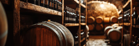 The wine cellar features rows of wooden barrels alongside shelves brimming with wine bottles, radiating a cozy ambiance.の素材