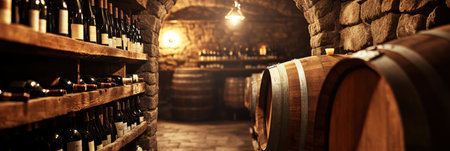 This charming wine cellar showcases wooden barrels and shelves filled with various wine bottles against a rustic stone backdrop.の素材