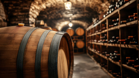 The wine cellar features aged wooden barrels and shelves brimming with carefully stacked wine bottles, creating an inviting atmosphere.の素材