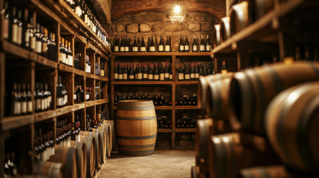 The cellar showcases an elegant arrangement of wooden barrels alongside shelves filled with bottles, ideal for wine aging.の素材