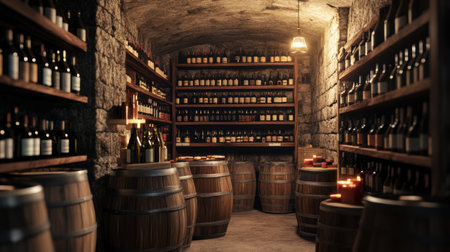 The cozy wine cellar features wooden barrels and well-organized shelves stocked with various wine bottles, softly illuminated.の素材