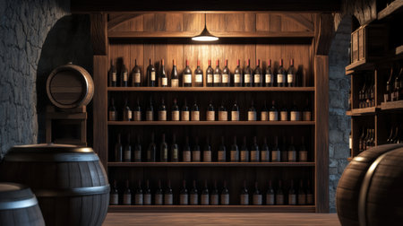 The interior features plentiful wooden barrels alongside neatly arranged shelves brimming with diverse wine bottles, creating a welcoming atmosphere.の素材