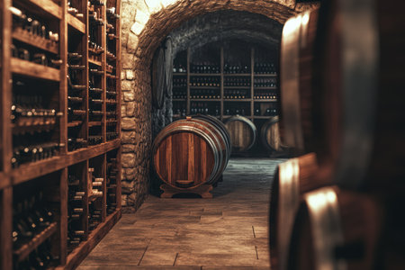 A charming wine cellar wooden features barrels alongside neatly stacked shelves brimming with various wine bottles.の素材