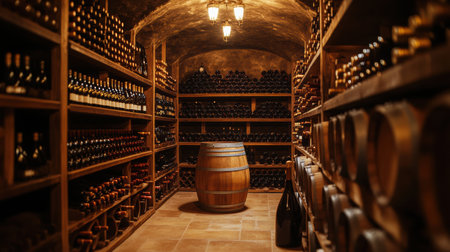 The wooden barrels and countless wine bottles create a warm, inviting atmosphere in this rustic underground wine cellar.の素材