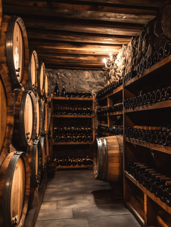 This wine cellar features rustic wooden barrels and carefully arranged shelves filled with an array of wine bottles, exuding charm.の素材