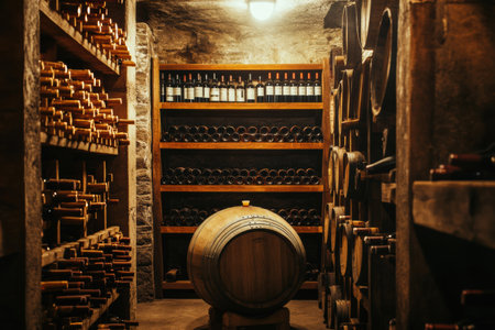 The cozy wine cellar features an array of wooden barrels alongside shelves brimming with bottles ready for tasting.の素材