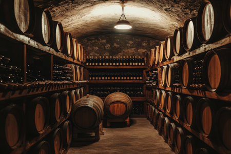 A rustic wine cellar showcases wooden barrels and neatly arranged bottles, creating an inviting atmosphere for wine enthusiasts.の素材