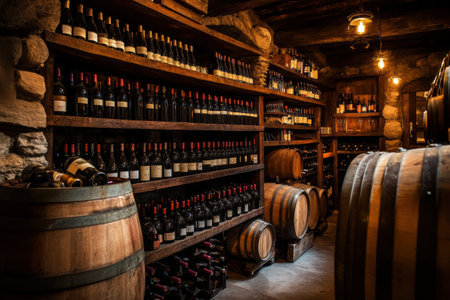 The wine cellar features rustic wooden barrels alongside neatly organized shelves packed with various wine bottles.の素材