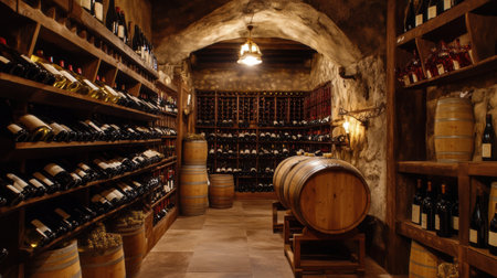The wine cellar features wooden barrels and shelves stocked with various wine bottles, creating a warm, inviting atmosphere.の素材