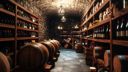 This intimate wine cellar showcases wooden barrels alongside shelves brimming with a diverse selection of wine bottles.の素材
