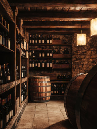 The cozy wine cellar showcases an array of wooden barrels and shelves loaded with wine bottles, ideal for aging and storage.の素材