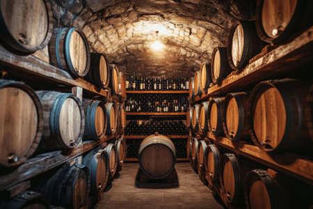 The atmospheric wine cellar features wooden barrels lining the walls and shelves stocked with an array of wine bottles waiting to be enjoyed.の素材