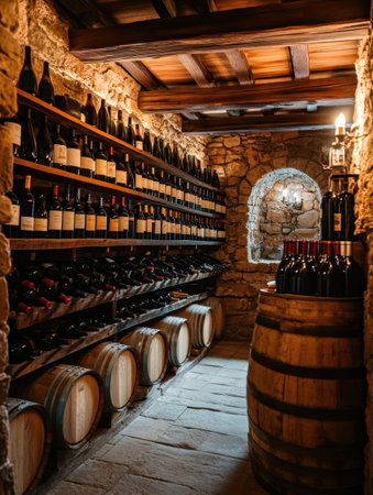 The cozy wine cellar showcases traditional wooden barrels alongside shelves lined with an extensive collection of wine bottles.の素材