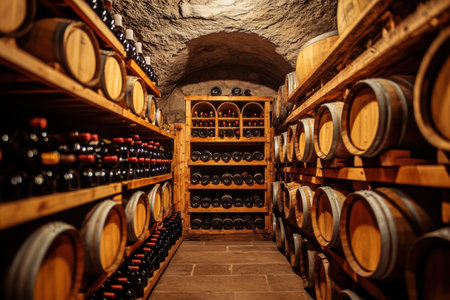 This rustic wine cellar wooden features barrels alongside shelves filled with an array of wine bottles, creating an inviting atmosphere.の素材