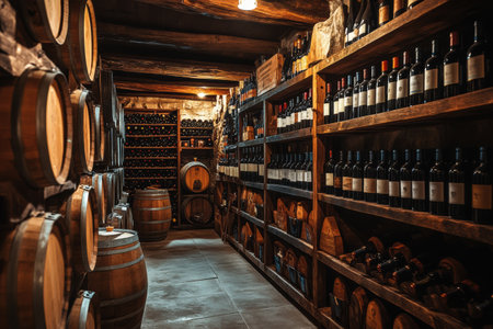 This rustic wine cellar showcases wooden barrels and shelves bursting with an impressive collection of wine bottles.の素材