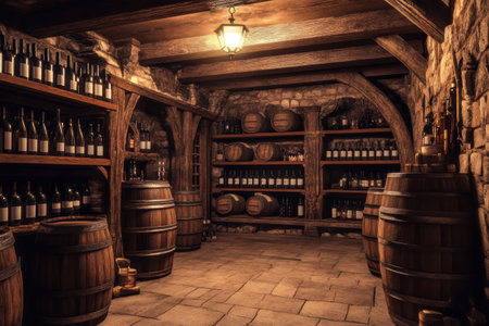 A cozy wine cellar showcases wooden barrels and organized shelves filled with various wine bottles under warm lighting.の素材