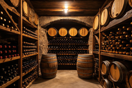 The cellar showcases an array of wooden barrels alongside neatly arranged shelves filled with various wine bottles, evoking warmth.の素材