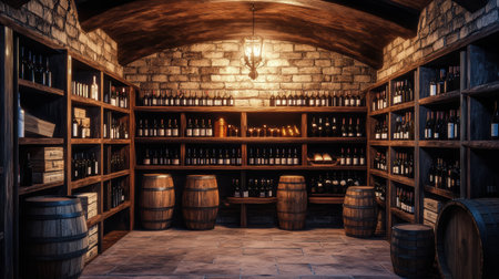 The wine cellar features polished wooden barrels alongside shelves brimming with an extensive selection of fine wines.の素材