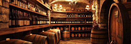 The warm ambiance of a rustic cellar hosts rows of wooden barrels and shelves lined with exquisite wine bottles ready for tasting.の素材