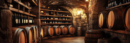 The warm ambiance of a rustic wine cellar showcases wooden barrels and neatly arranged shelves filled with wine bottles.の素材