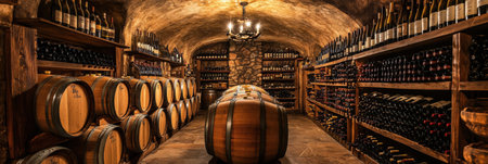 This wine cellar features a warm ambiance, showcasing wooden barrels and well-organized shelves stocked with diverse wine bottles.の素材