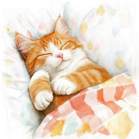 A soft, orange tabby cat sleeps peacefully on a vibrant bedspread with a cheerful pattern, exuding calmness and comfort.の素材