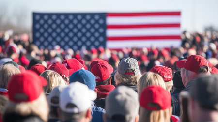 A large crowd dressed in red hats stands united in front of an expansive American flag at a political rally on a clear day.の素材