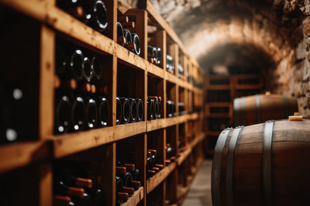 A rustic wine cellar showcases rows of wooden barrels and carefully organized shelves filled with wine bottles, creating a rich atmosphere.の素材