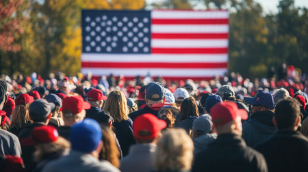 A diverse crowd stands with hats and shirts in solidarity at a political rally, facing a giant American flag under clear blue skies.の素材