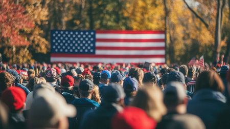 A large crowd gathers in a vibrant park during autumn, facing a backdrop displaying the American flag as they participate in a rally.の素材
