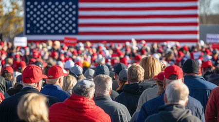 Supporters gather enthusiastically at a political rally, showing solidarity under an American flag backdrop on a sunny day.の素材