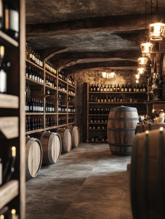 A rustic wine cellar displays wooden barrels and shelves filled with wine bottles, creating a warm and inviting atmosphere for tasting.の素材