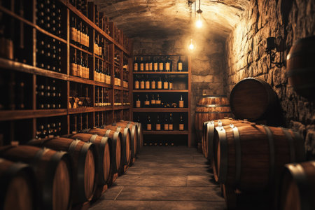 A rustic wine cellar houses an impressive array of wooden barrels alongside shelves filled with bottles, illuminated by soft light.の素材
