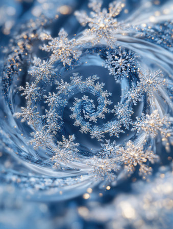 Intricate snowflakes spin and swirl gracefully, forming an enchanting pattern against a rich blue background, evoking winter's magic.の素材