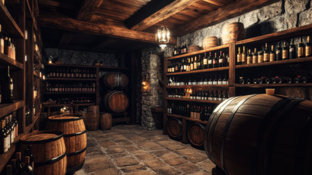 This rustic wine cellar wooden features barrels alongside shelves brimming with assorted wine bottles, creating a cozy atmosphere.の素材