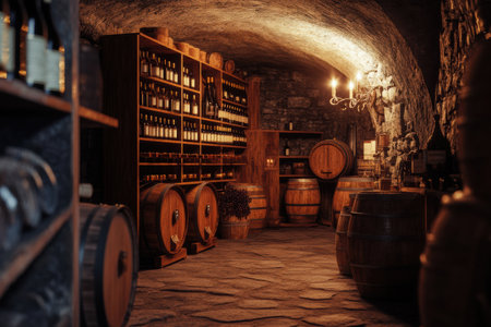 The rustic wine cellar wooden features barrels and shelves filled with a variety of wine bottles, illuminated softly by candlelight.の素材