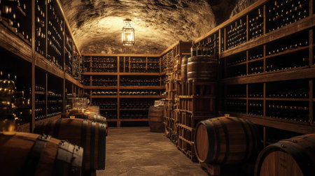 This rustic wine cellar showcases an inviting atmosphere with wooden barrels and neatly arranged wine bottles on sturdy shelves.の素材