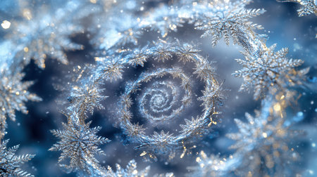 Delicate snowflakes swirl in a captivating spiral pattern, reflecting light and creating a magical winter atmosphere.の素材