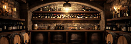 The cellar showcases sturdy wooden barrels alongside neatly arranged wine bottles, illuminated by soft overhead lighting.の素材