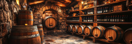 The charming wine cellar showcases wooden barrels and shelves filled with an array of wine bottles, creating an inviting atmosphere.の素材