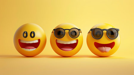 Three cheerful emojis display joyful expressions while wearing sunglasses, set against a vibrant yellow backdrop highlighting happiness.の素材
