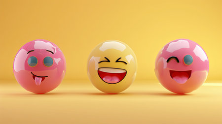 Three round emoji balls showcase different expressions, including joy and fun, set against a bright yellow background.の素材