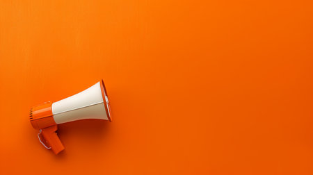 A bright orange background highlights a white and orange megaphone, symbolizing loud communication and public address tools.の素材
