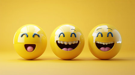 Three shiny yellow smiley faces display various happy expressions, creating a lively and joyful atmosphere on a bright yellow background.の素材