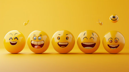 A vibrant display of cheerful yellow emoji balls, each expressing different joyful emotions against a sunny yellow backdrop.の素材